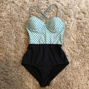 One piece mint, black polka dot swimsuit